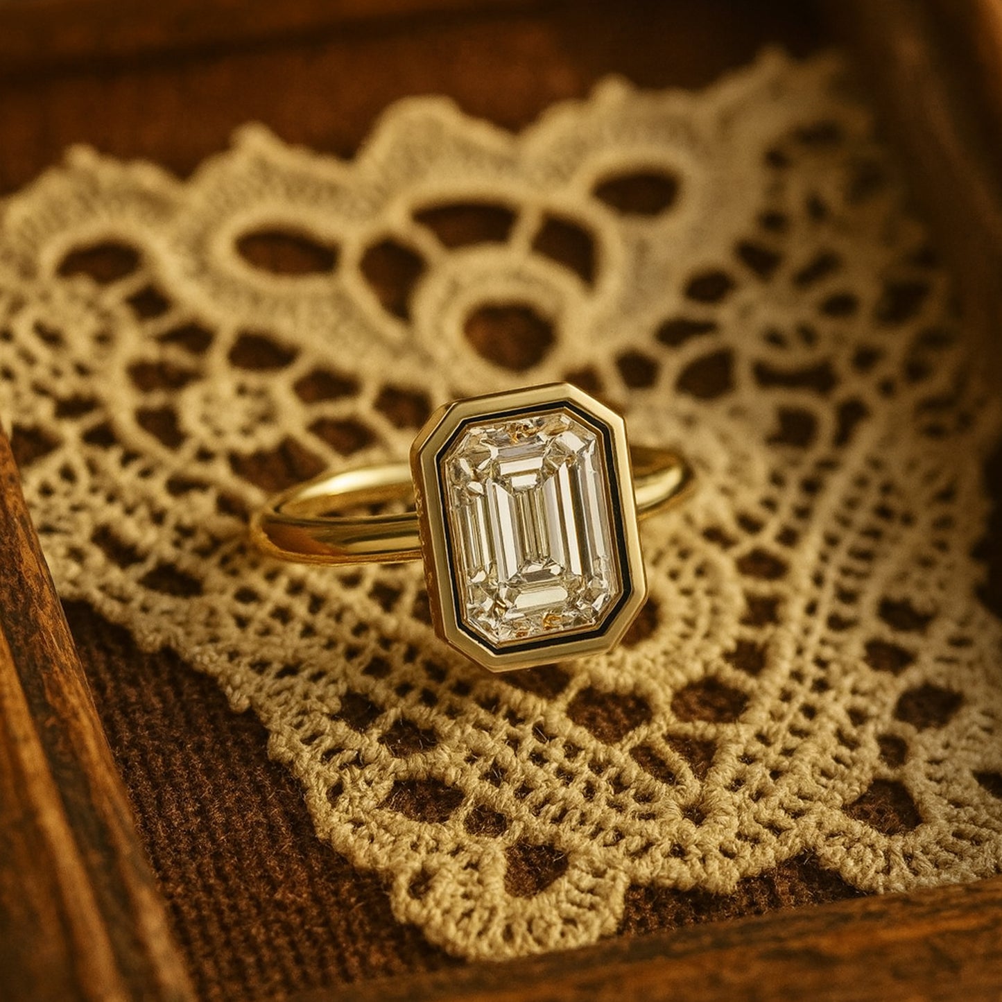 Modern Emerald Cut Moissanite Ring For Women, Bezel Set Solitaire Engagement Ring In Yellow Gold