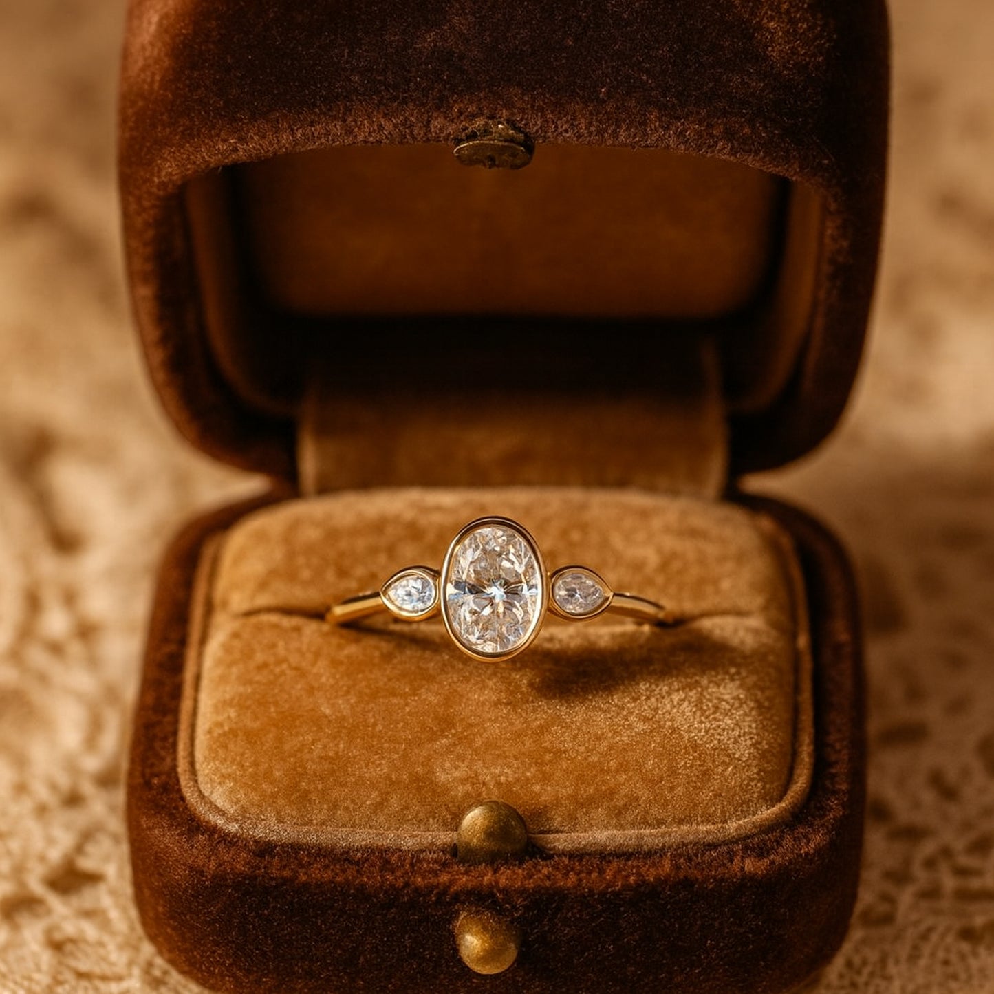 Luxury Bezel Set Oval Moissanite Engagement Ring With Pear Accents Offering Diamond-Like Radiance