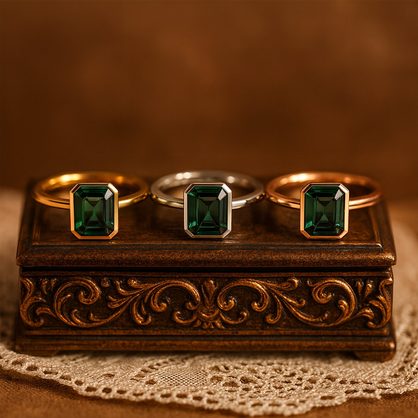 Emerald Cut Green Gemstone Rings In Yellow Gold, White Gold, And Rose Gold Settings