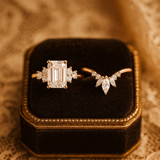 Wedding Rings Emerald Cut Diamonds Engagement Crown Band Set Rings