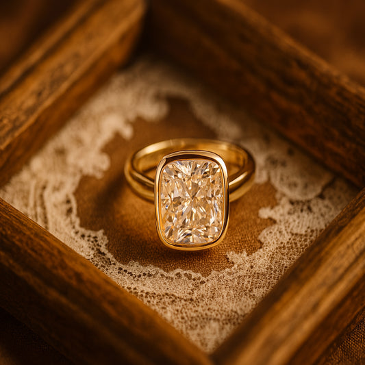 Elegant Cushion Cut Diamond Ring In Yellow Gold With A Sleek Bezel Setting