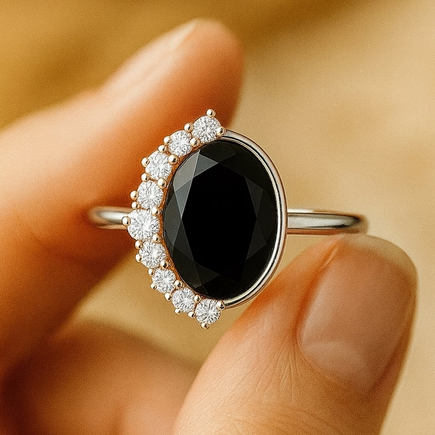 Trendy Gold Ring With Oval Black Onyx Chic Fine Jewelry for Women