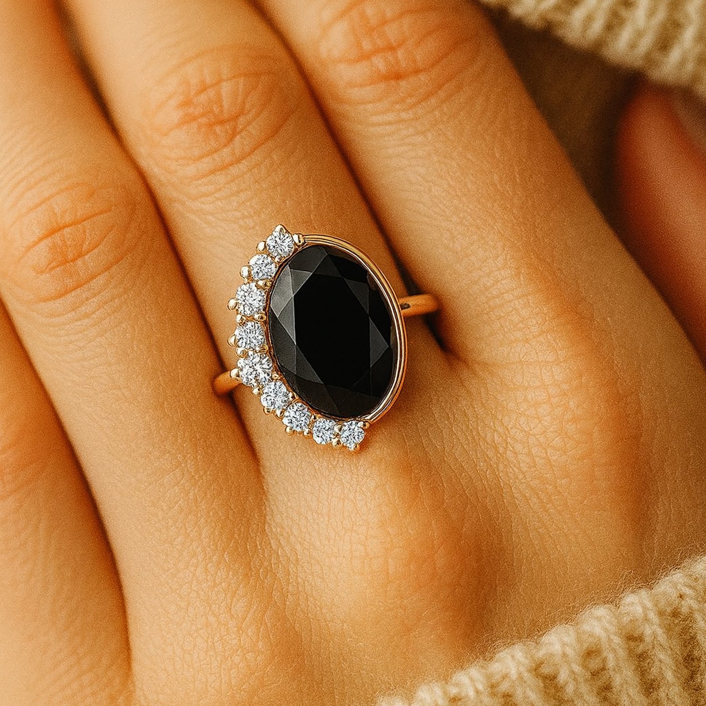Trendy Gold Ring With Oval Black Onyx Chic Fine Jewelry for Women