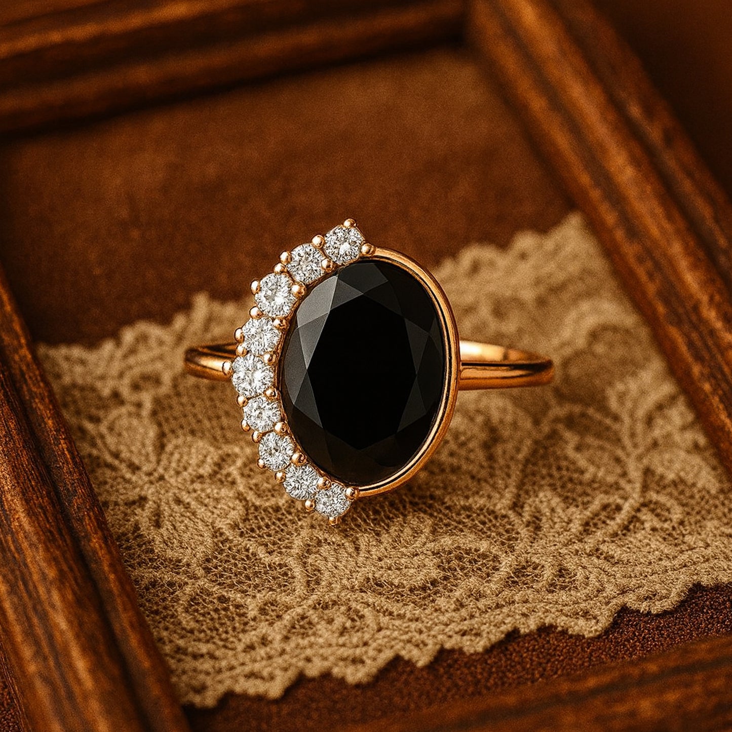 Modern Oval Gemstone Ring With Half Halo Of White Diamonds Gold Setting
