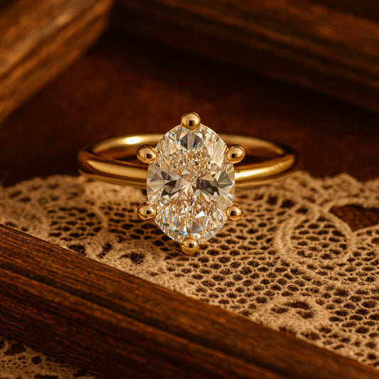 Classic 10K Rose Gold Oval Moissanite Engagement Ring Featuring Brilliant Diamond Alternative Stone And Polished Band.