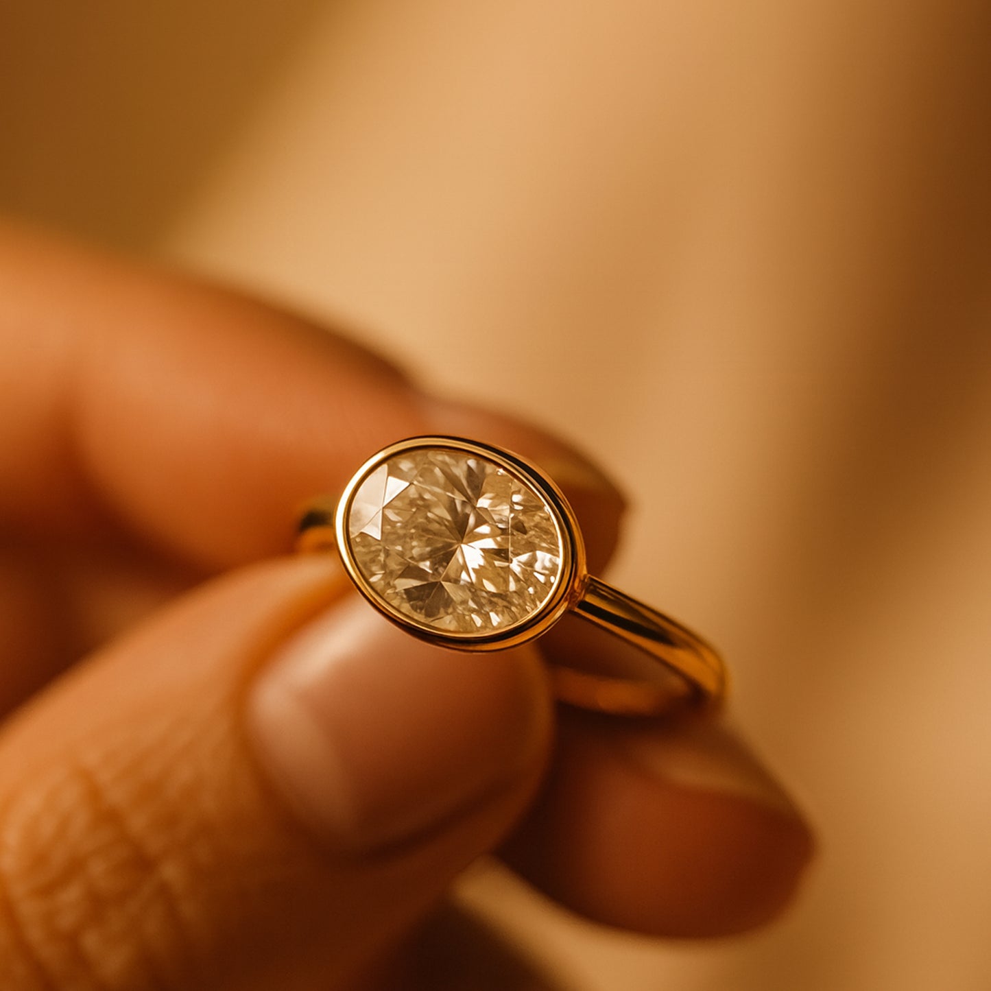 Beautiful Gold Bezel Set Oval Moissanite Ring For Proposal Or April Birthstone Anniversary Gift
