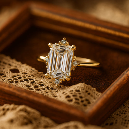 Vintage Emerald Cut Moissanite Halo Ring In Yellow Gold Featuring VVS1 Clarity Stone For Engagement Or Wedding Gift