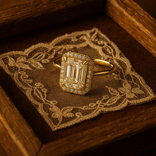 Elegant Emerald Cut Moissanite Engagement Ring Featuring Halo Setting And Modern Gold Solitaire Band