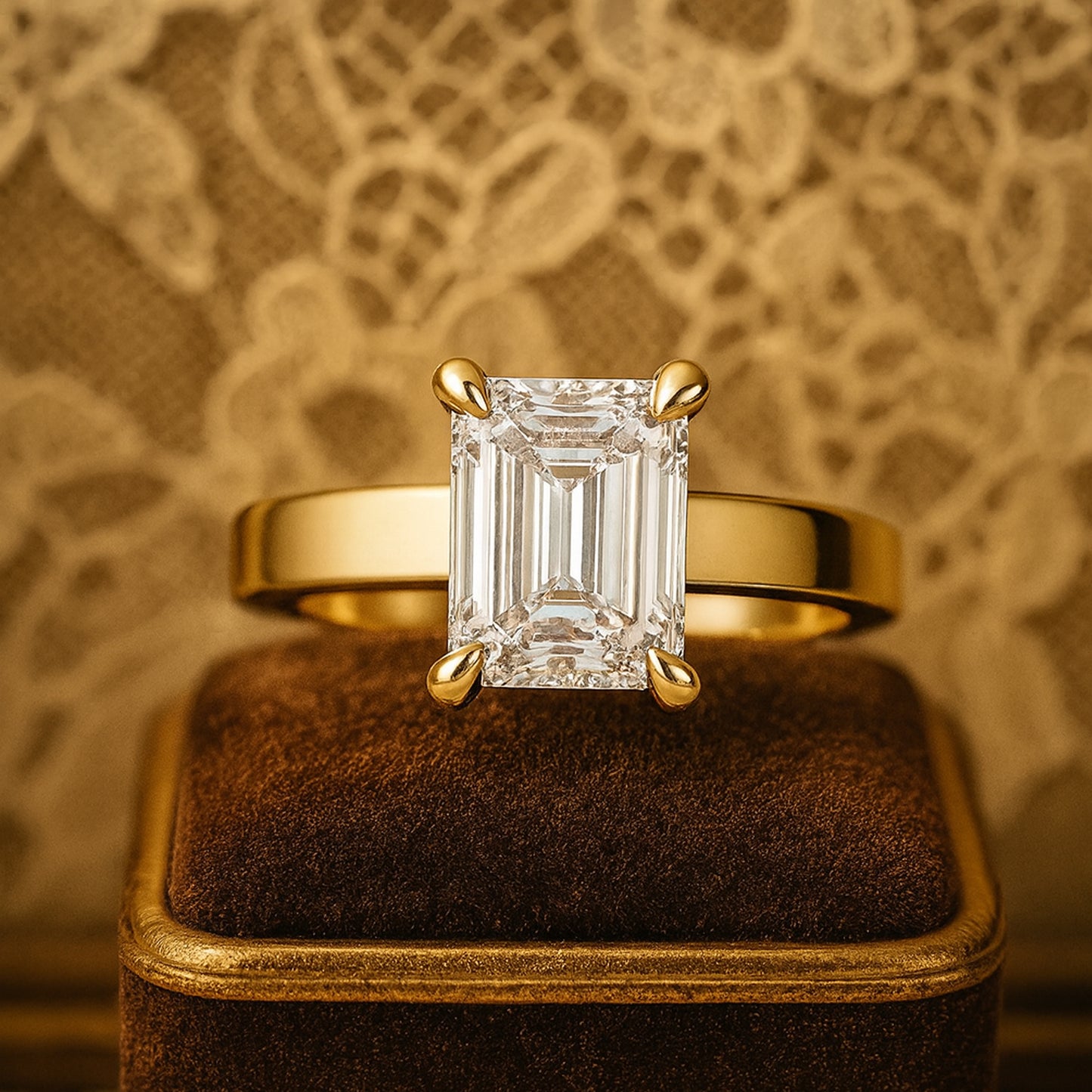 Radiant Emerald Cut Moissanite Engagement Ring With Gold Band, Sparkling Diamond-Inspired Bridal Jewelry.