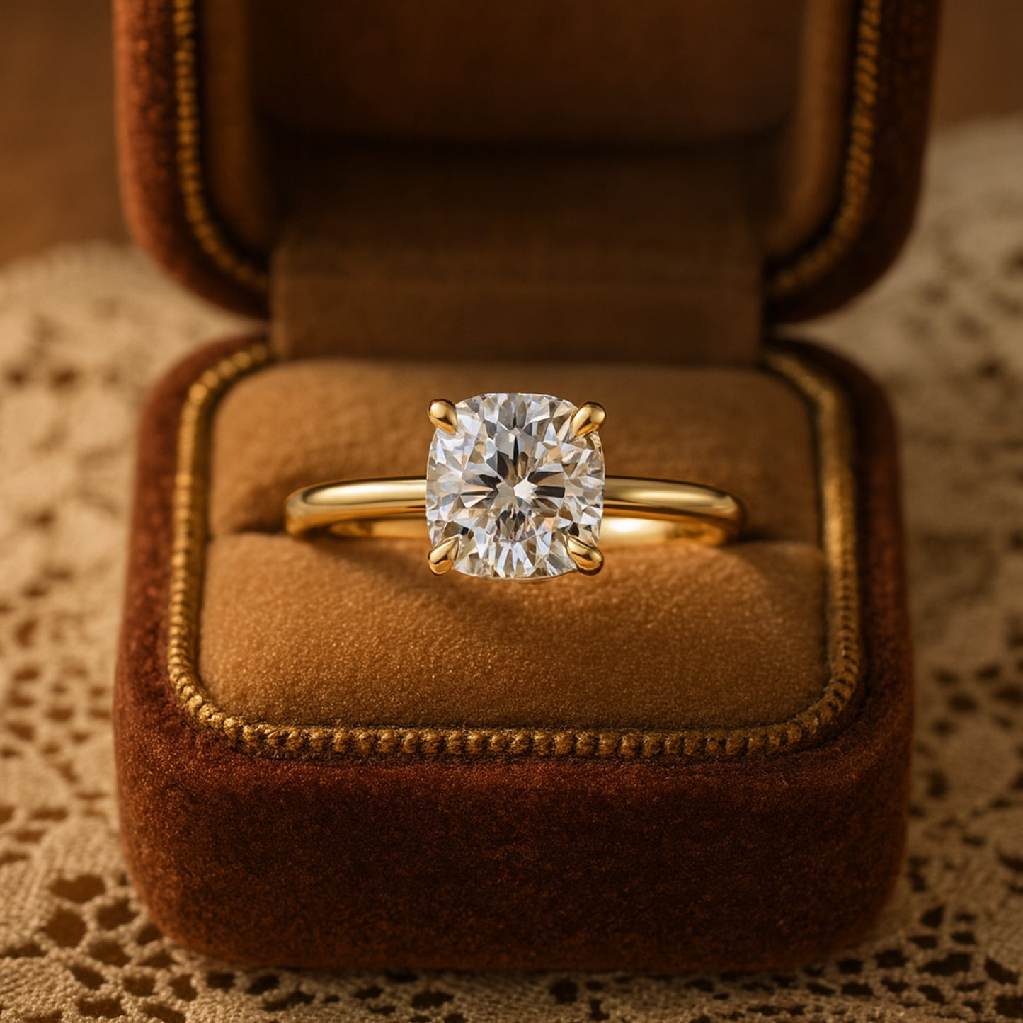 Classic Cushion Cut Solitaire Moissanite Ring With Gold Band, Diamond Alternative Engagement Jewelry By Diiro.