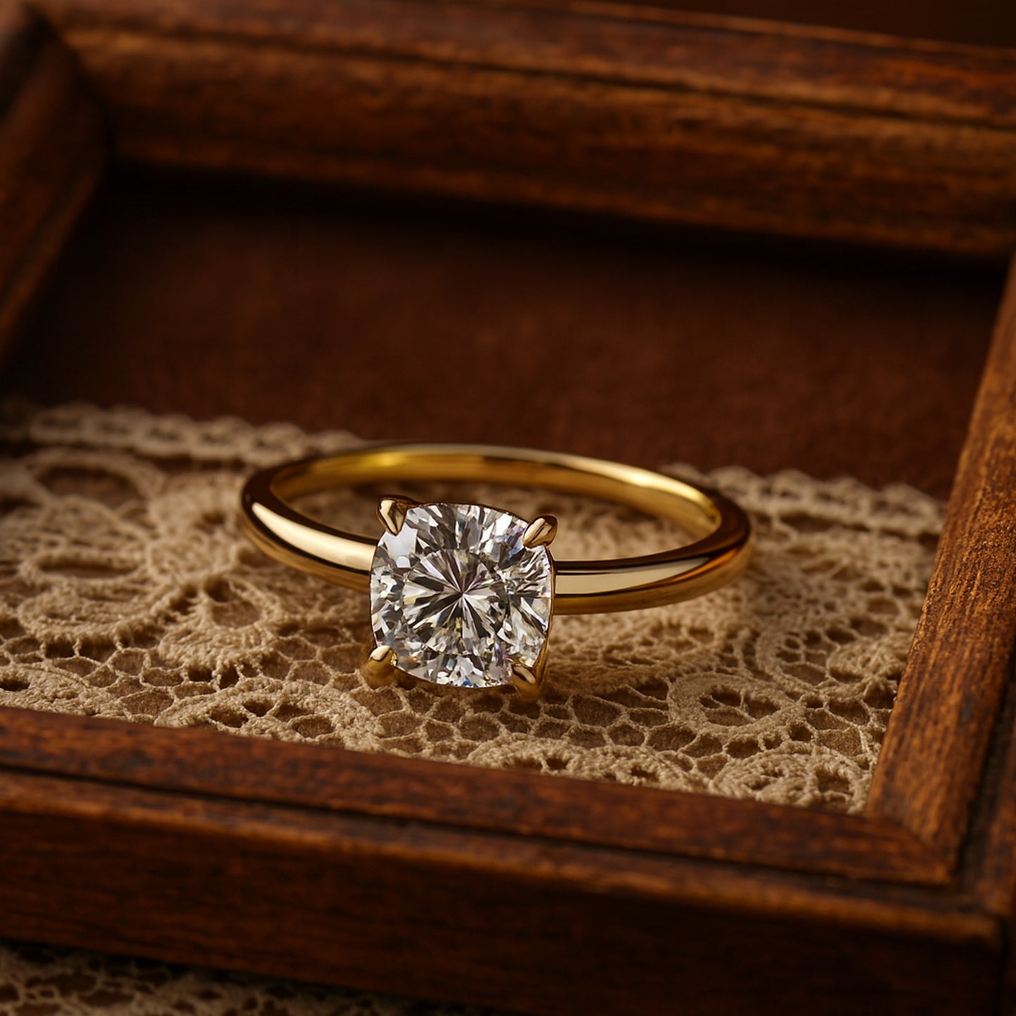 Elegant Cushion Cut Moissanite Engagement Ring In Yellow Gold Band, Diamond Inspired Solitaire Style By Diiro.