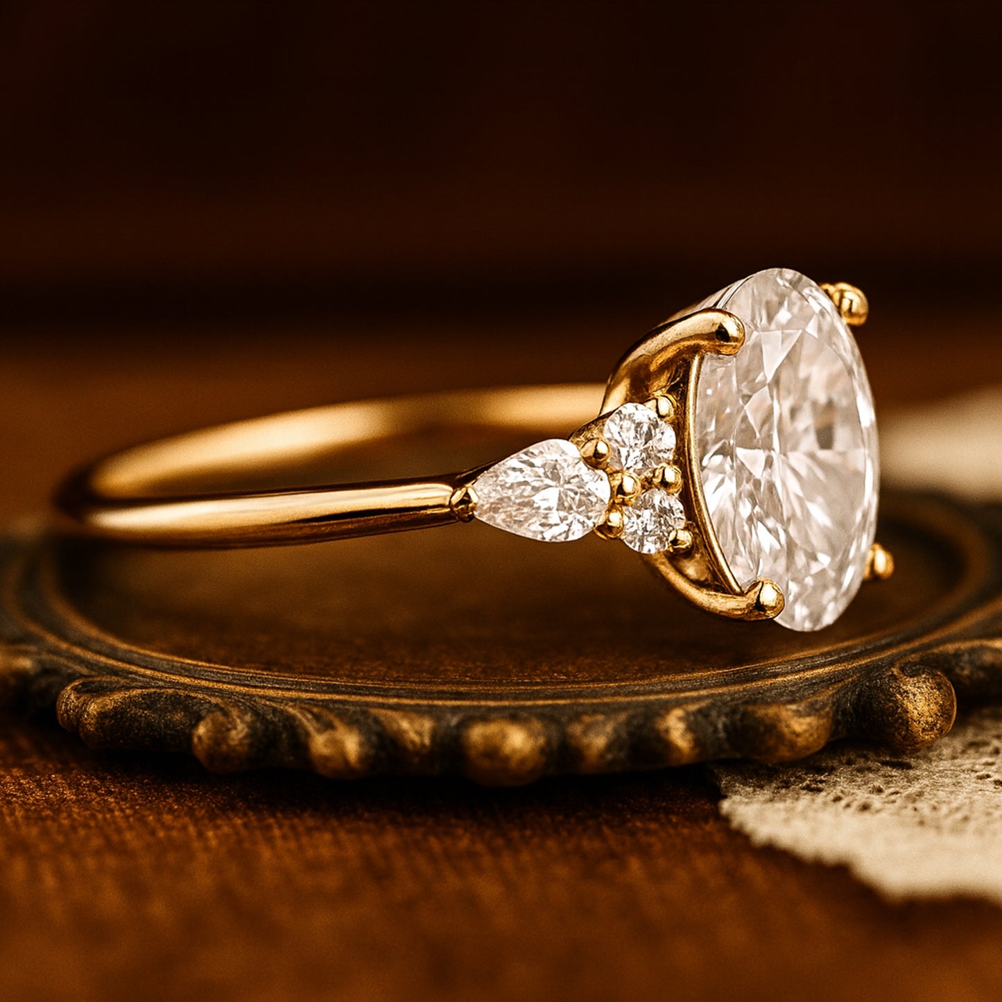 August Birthstone Three Stone Engagement Ring Featuring Oval Moissanite In Elegant Peridot Green Color