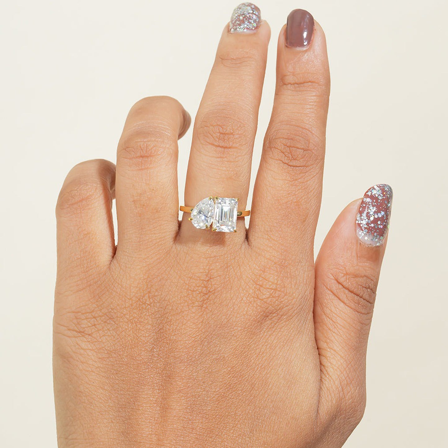 Moissanite Toi Et Moi Ring, Pear & Emerald Cut 10K Yellow Gold Engagement Fine Jewelry