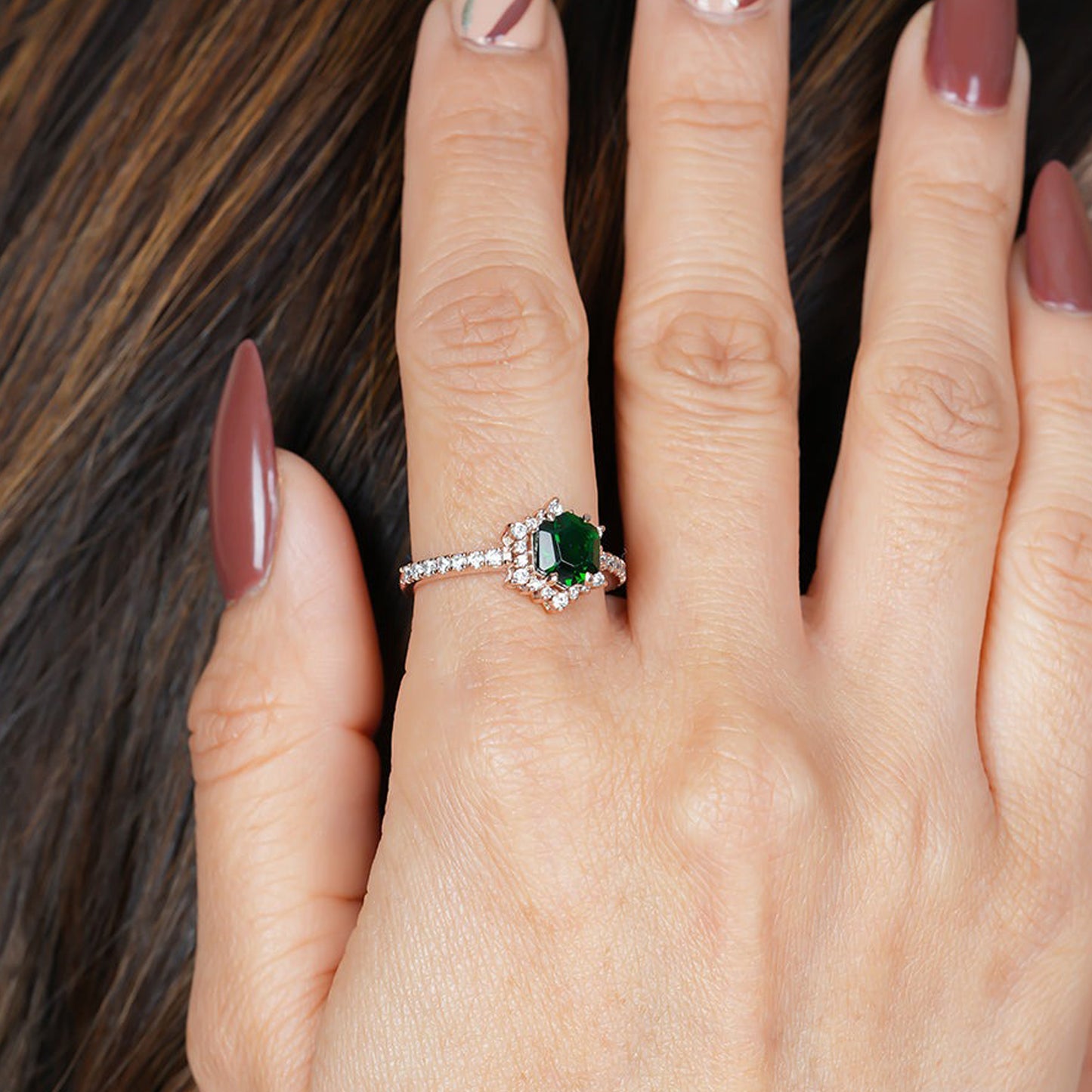 Green Stone Rose Gold Ring, Moissanite Halo Engagement Fine Jewelry With Elegant Style