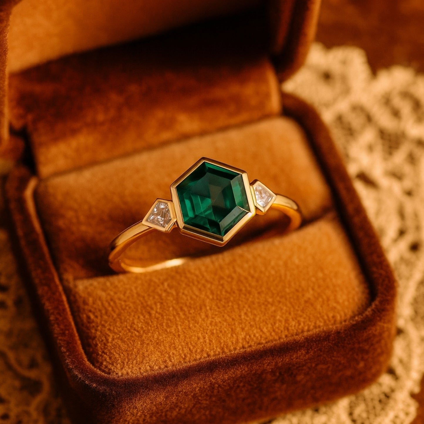 Green Emerald Ring With Hexagon Cut, Birthstone Fine Gemstone Jewelry Featuring Diamond Accents And Sparkle