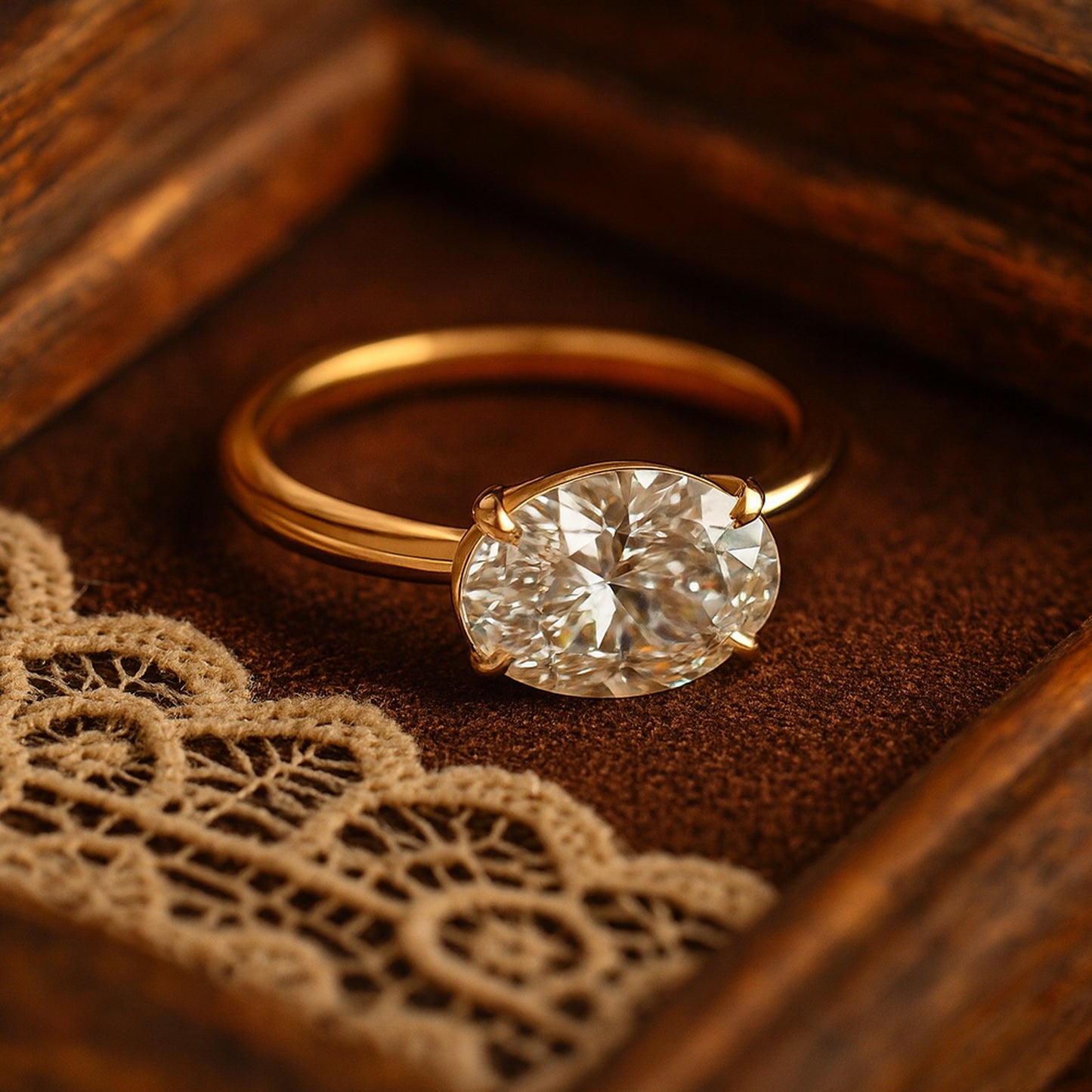 Side View Of The Diiro Oval Diamond Solitaire Ring In 18K Gold, Showcasing Its Slim Band And Brilliantly Set Center Diamond