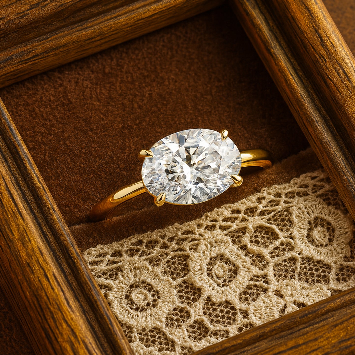 Oval Diamond Solitaire Engagement Ring In Yellow Gold On Vintage Lace Background.