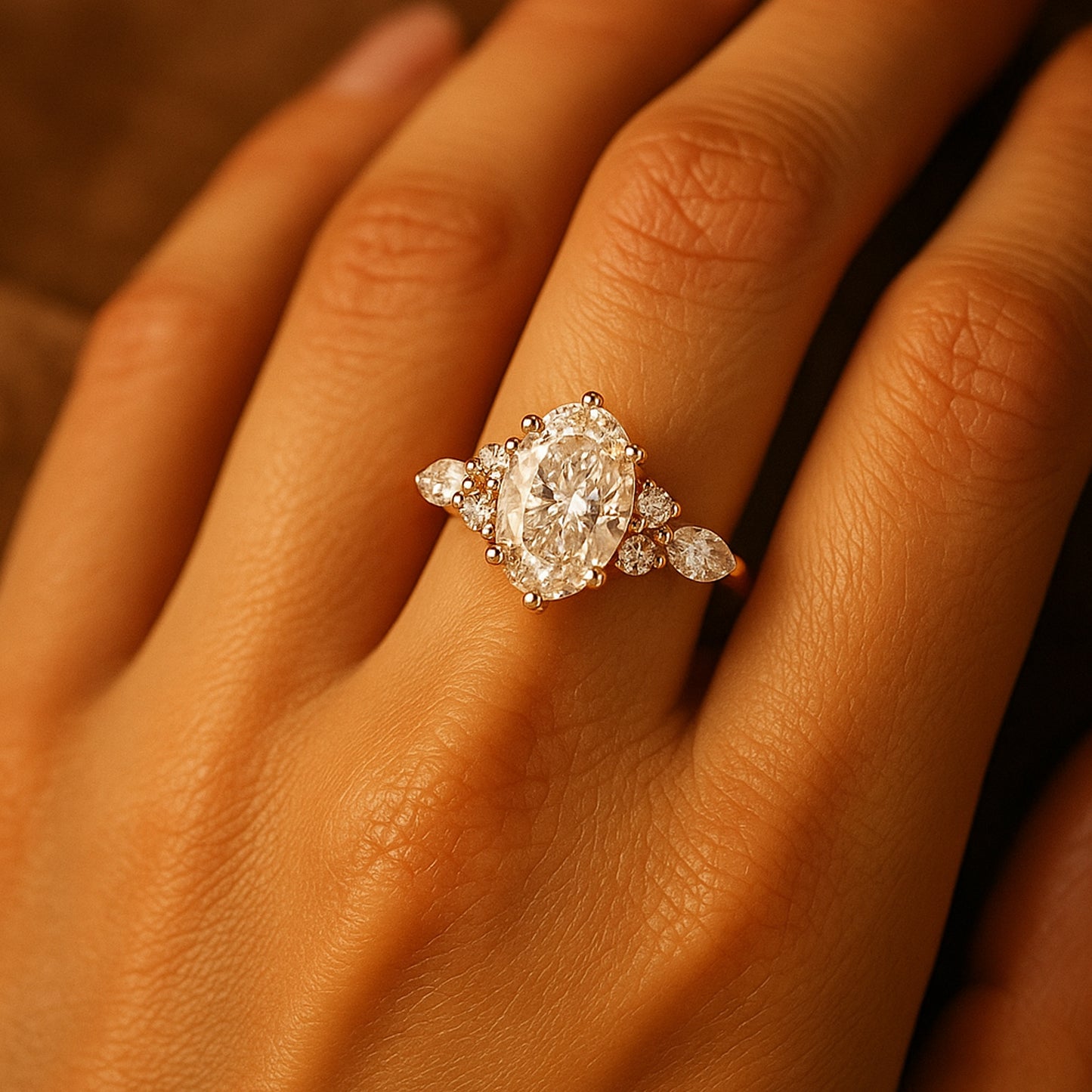 Elegant Oval Cut Diamond Engagement Ring With Marquise and Round Side Diamonds