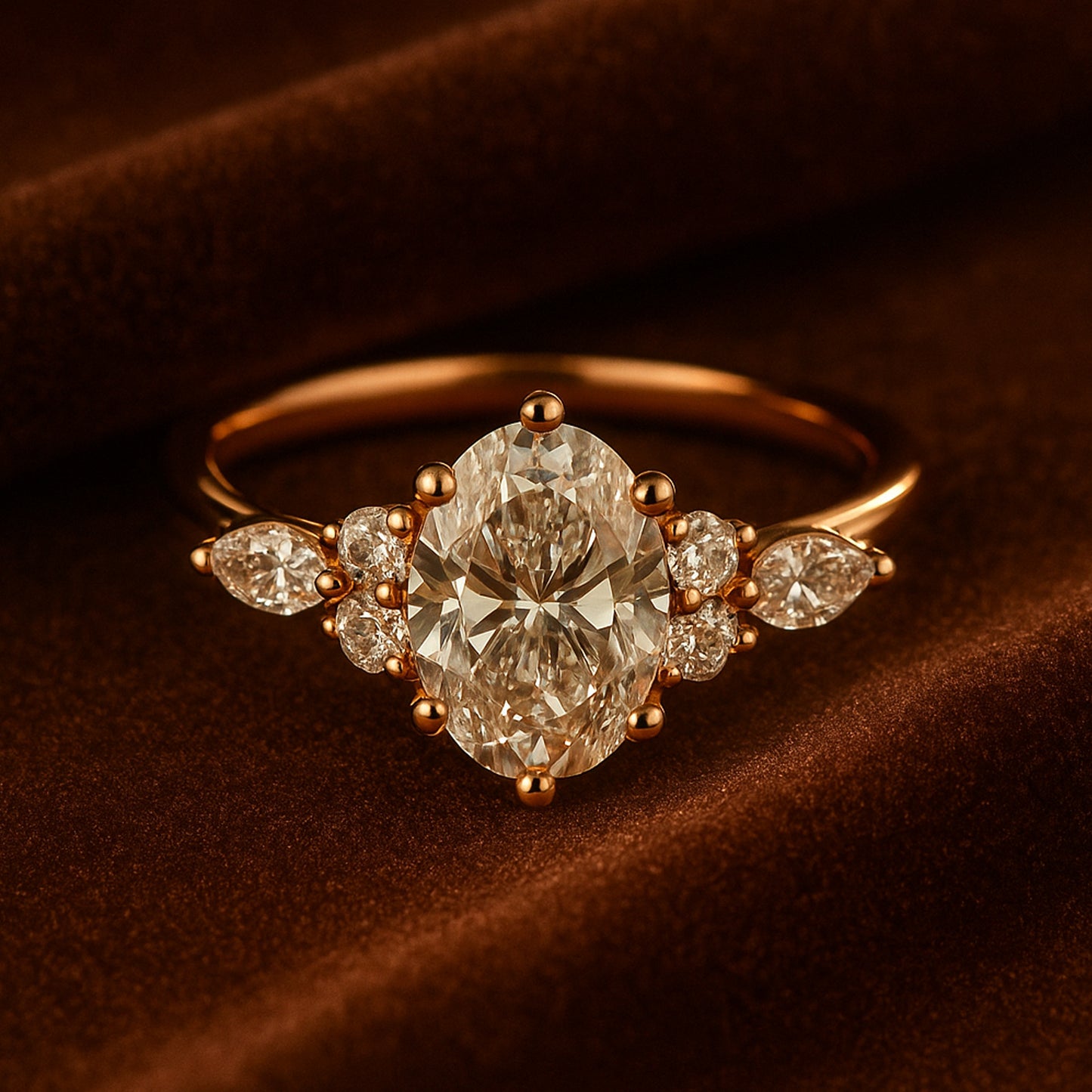 Elegant Oval Cut Diamond Engagement Ring With Marquise and Round Side Diamonds