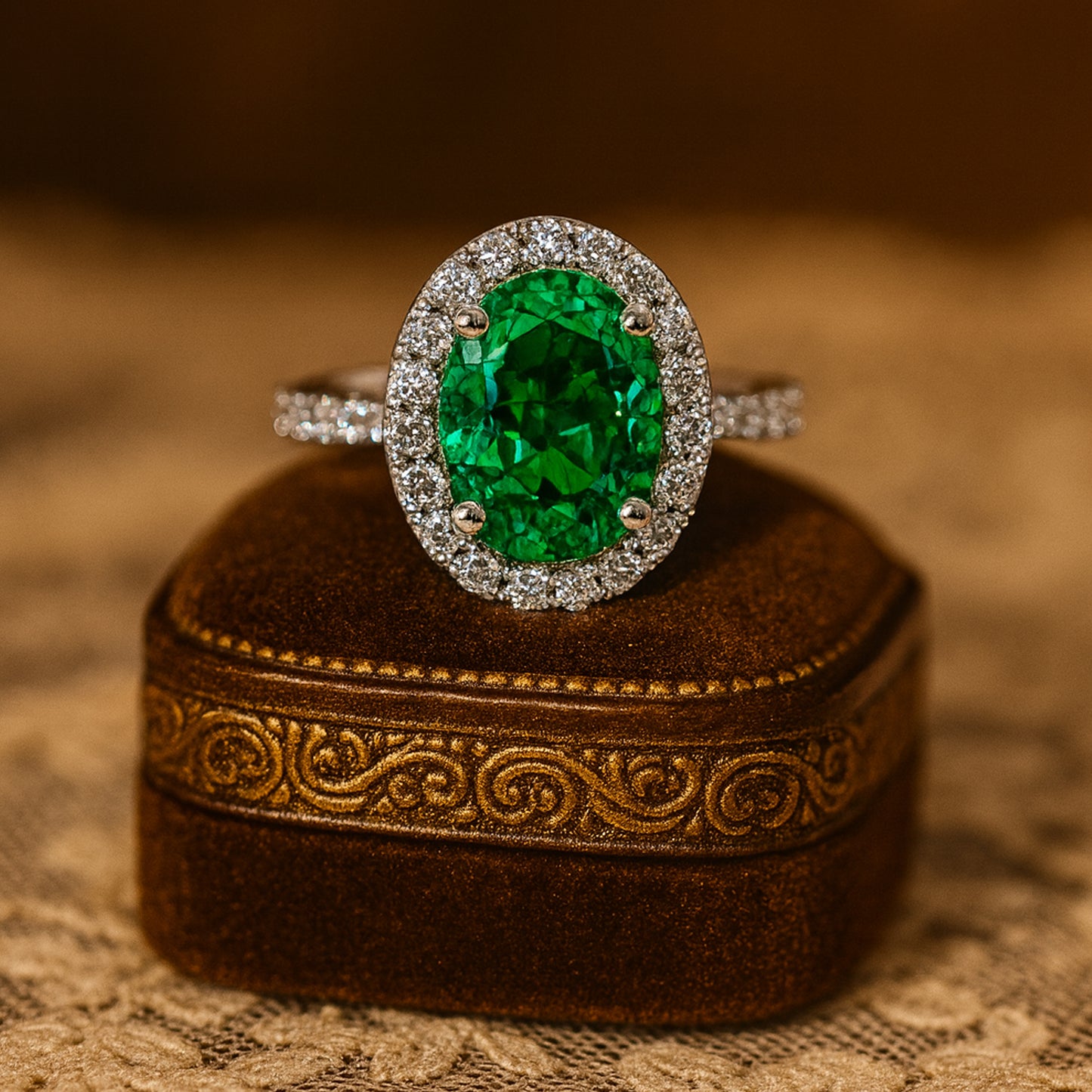 2 CT Oval Cut Lab Emerald Engagement Ring with Diamond Halo in 18K White Gold - Diiro May Birthstone Jewelry