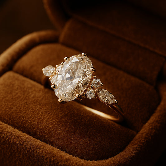 Oval Cut Moissanite Engagement Ring With Marquise And Round Cluster Design, Elegant Bridal Jewelry Piece