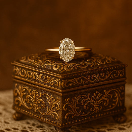 Female Engagement Ring Featuring Oval Cut Moissanite Solitaire In Gold Setting With Diamond-Like Brilliance For Modern Brides