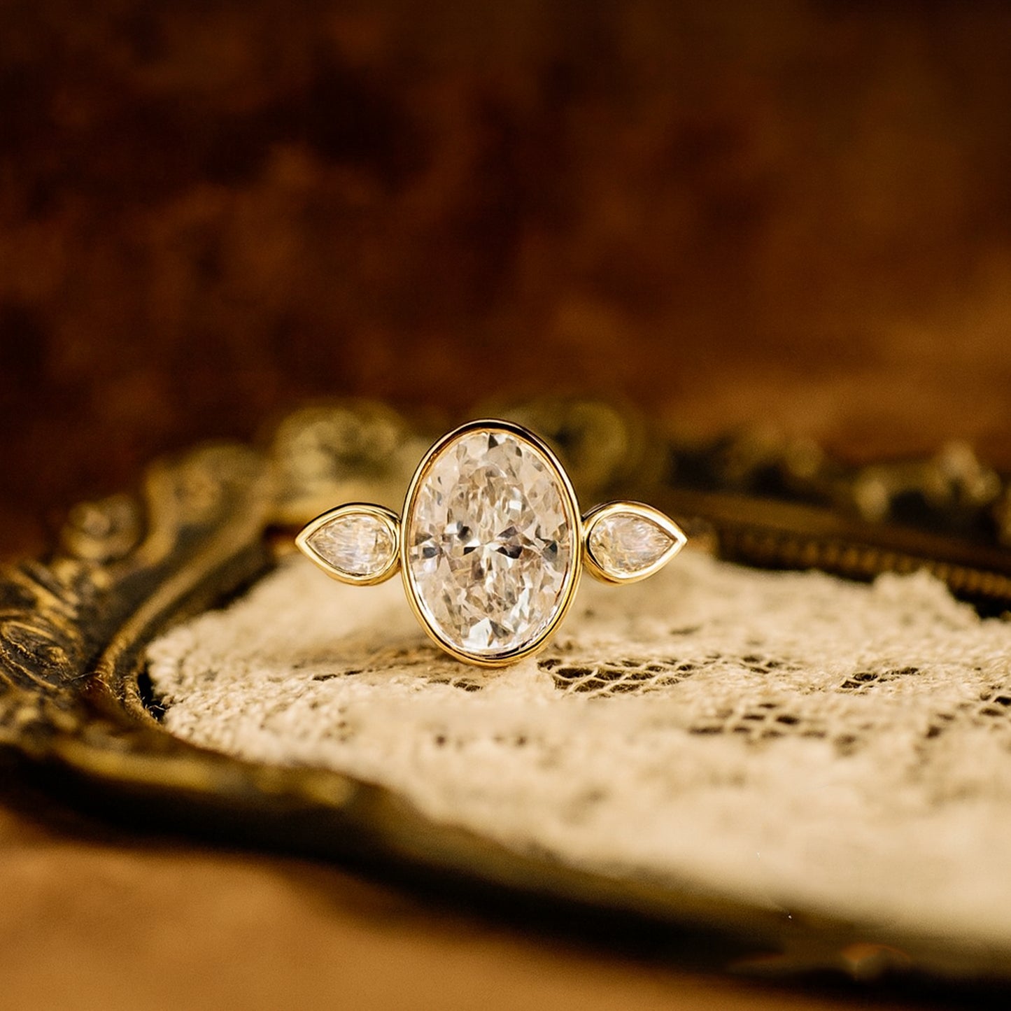 Elegant Bezel Set Oval Moissanite Engagement Ring With Pear Accents And Brilliant Diamond Alternative Shine
