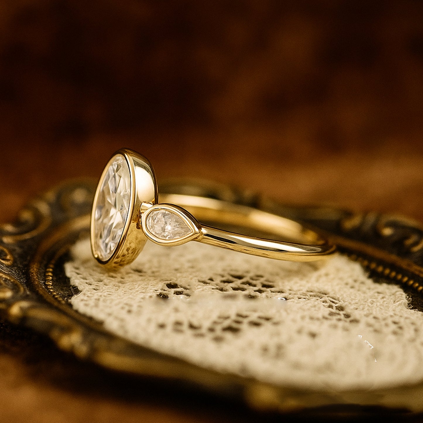 Modern Oval Bezel Set Moissanite Ring With Pear Accents And Dazzling Diamond Inspired Look