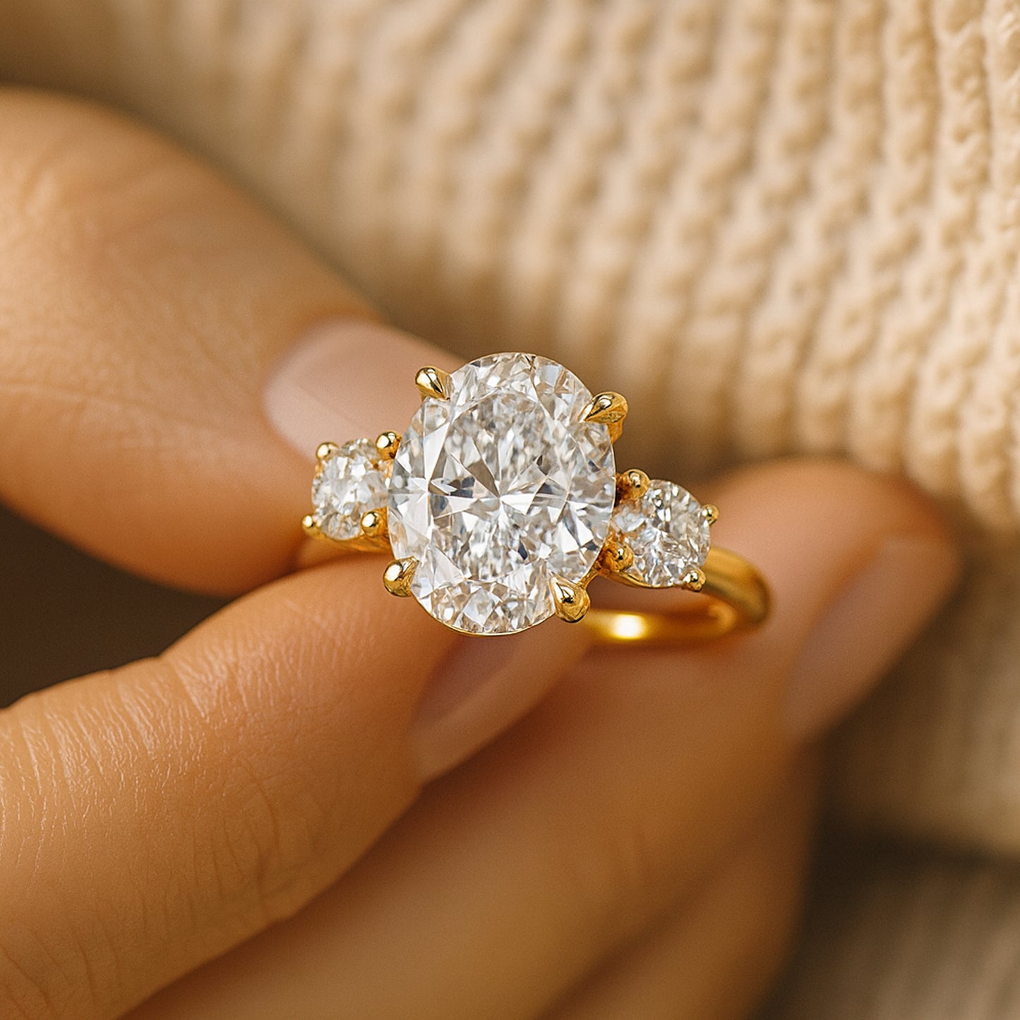 Diiro Oval Diamond Three-Stone Ring In Gold, Highlighting Its Balanced Design And Sparkling Symmetry