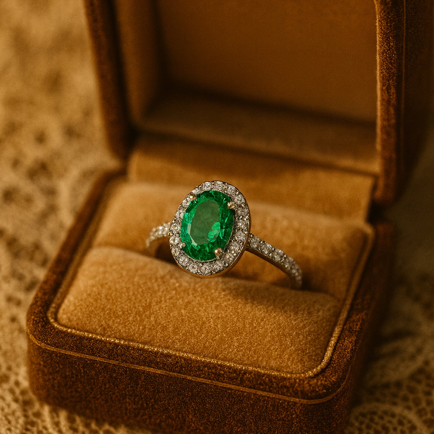 Lab-Grown Emerald Halo Ring Side Profile Showing Diamond-Accented Band in White Gold