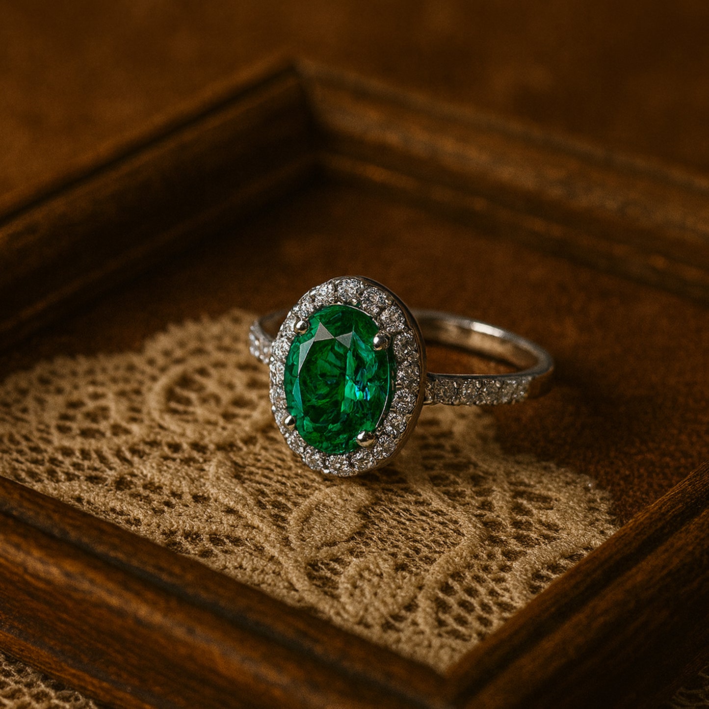 Close-Up of 2 Carat Oval Emerald Surrounded by Brilliant Diamond Halo - Ethical Fine Jewelry