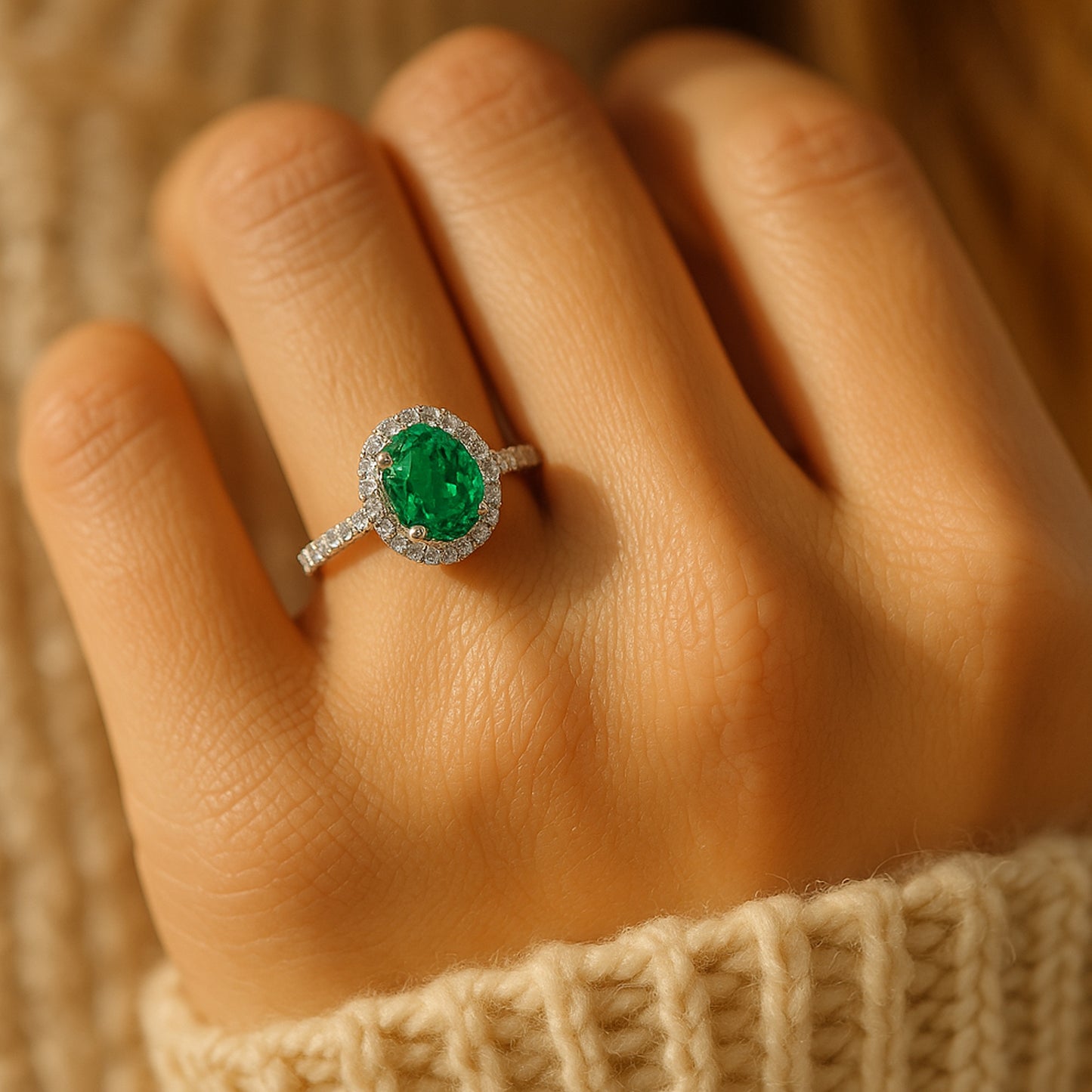 Oval Cut Emerald Birthstone Ring Detail View - May Birthday Gemstone with Diamond Accents