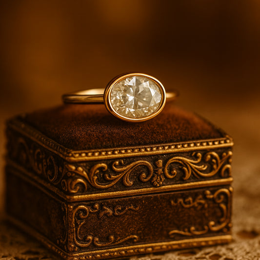 Elegant Oval Bezel Set Moissanite Ring In Gold Band Perfect For April Birthstone Proposal Gift