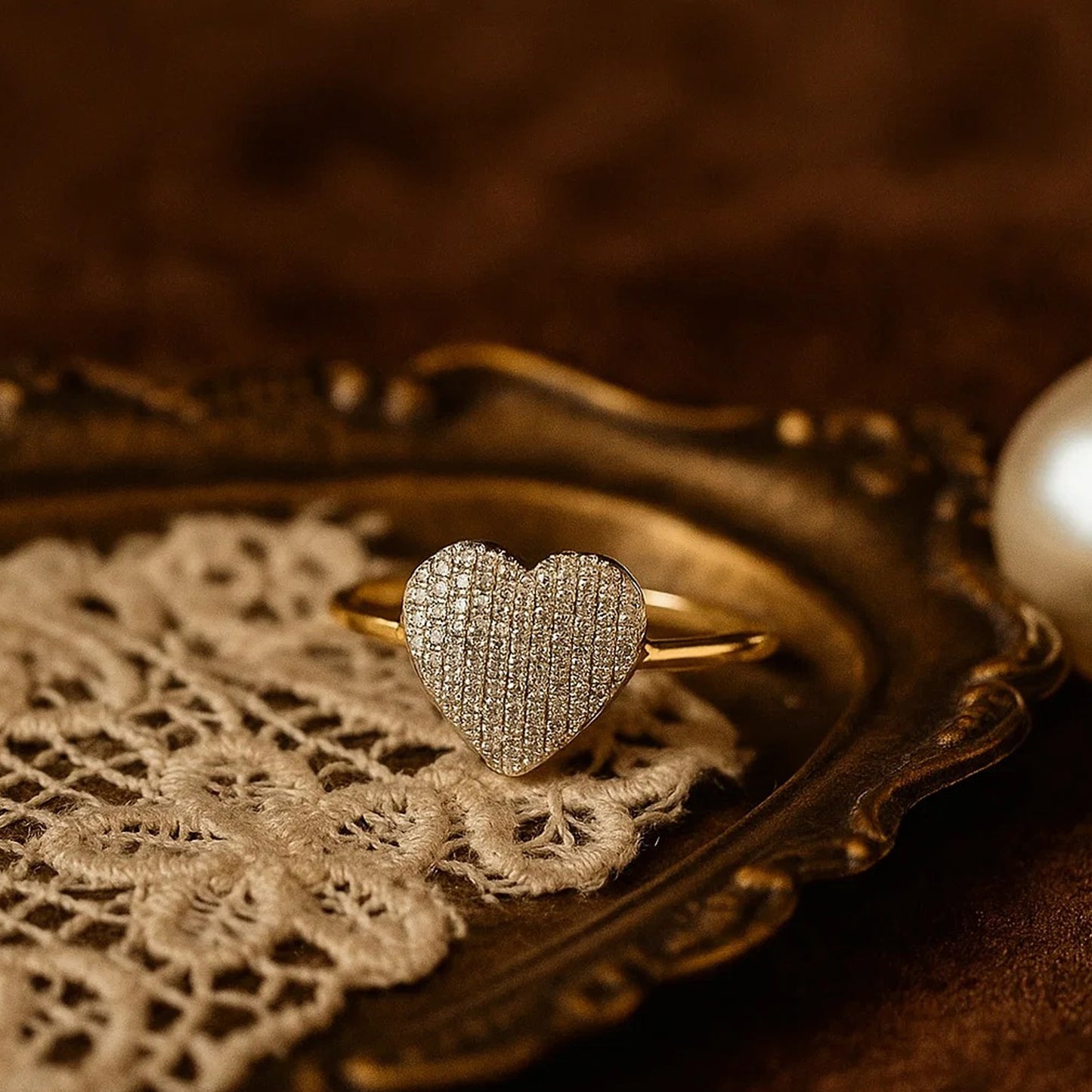 Classic Gold Heart Moissanite Ring With Pave Setting, Dainty Wedding Band For Women With Brilliant Diamond-Like Shine