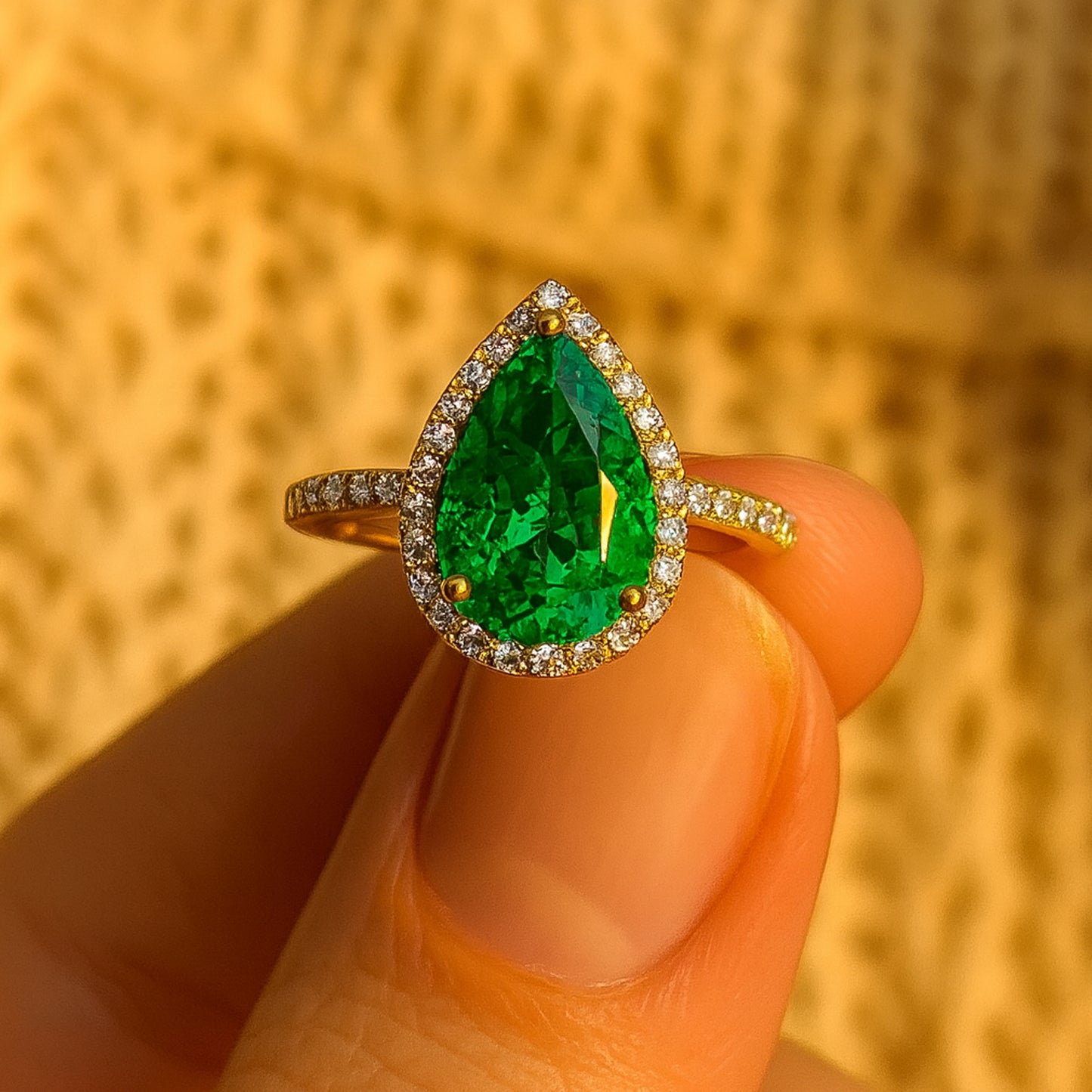 Pear-shaped green emerald ring with diamond halo and gold band held between fingers.”