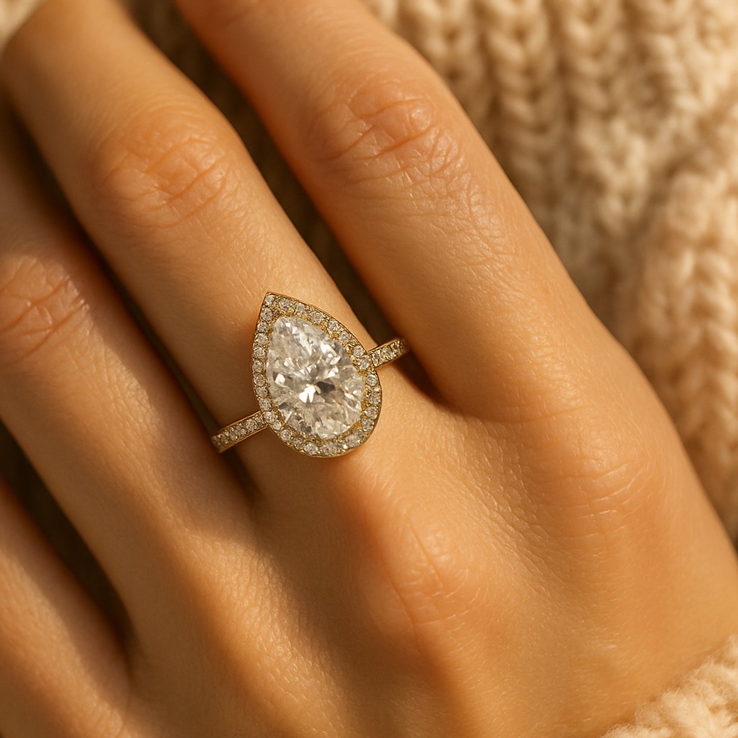 18K Yellow Gold Halo And Pave Moissanite Ring With Pear Cut Stone Offering Exceptional Diamond Alternative Brilliance