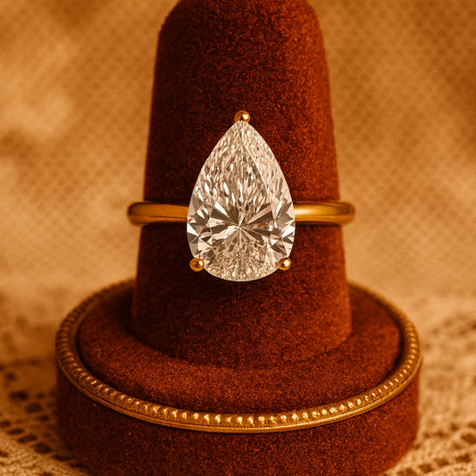 Elegant Pear Shape Moissanite Engagement Ring For Bride With Diamond-Like Brilliance In Classic Gold Band.