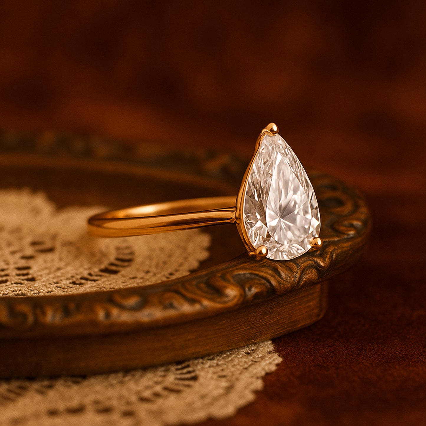 Luxury Moissanite Pear Shape Ring For Bride Featuring Diamond Sparkle And Elegant Gold Design.