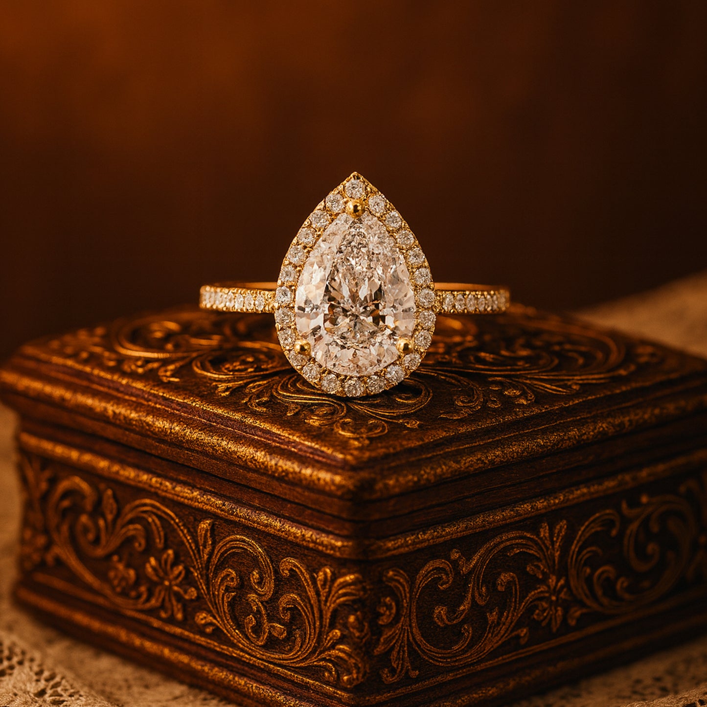 18K Yellow Gold Pear Cut Moissanite Bridal Ring With Halo And Pave Detailing Offering Elegant Diamond Alternative Beauty