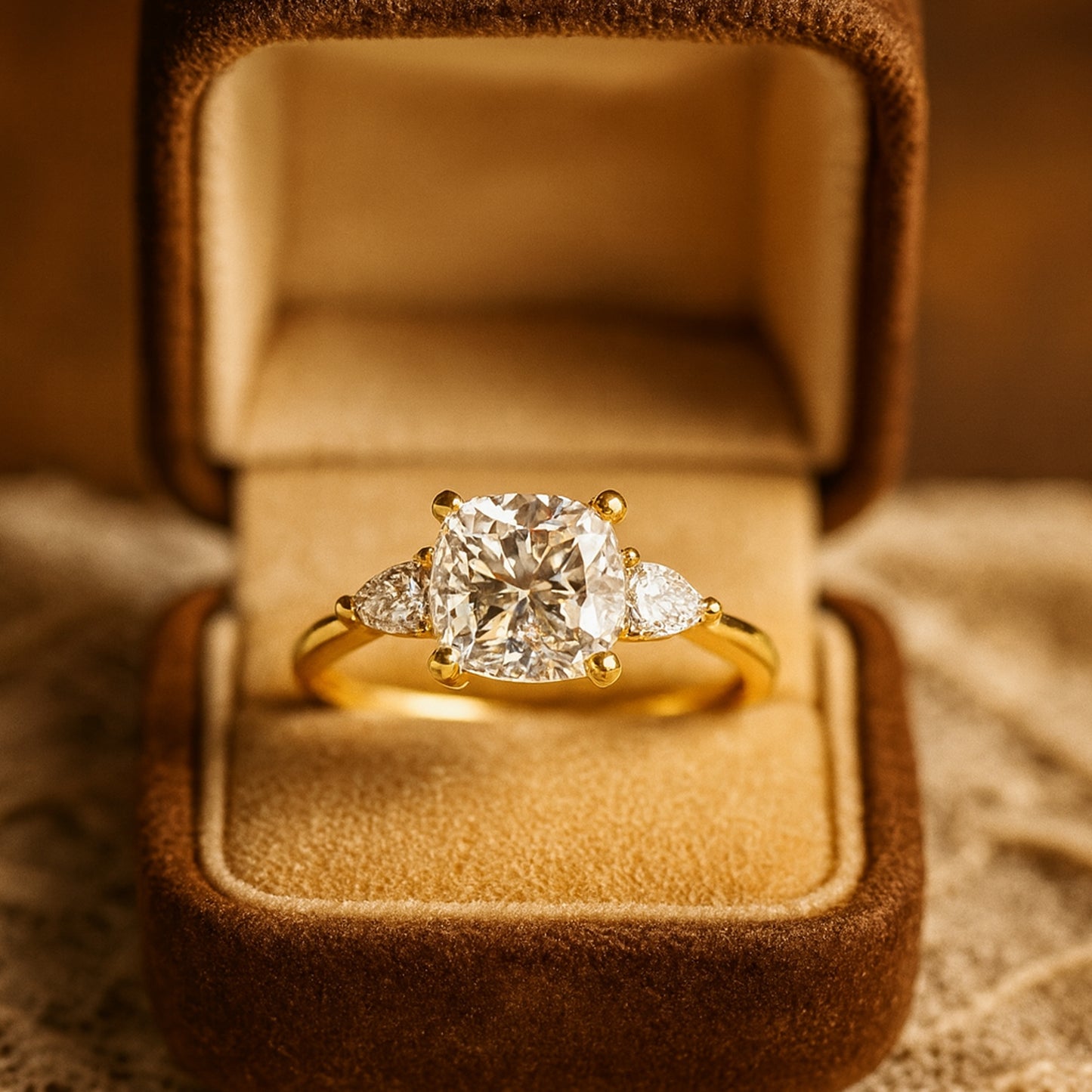 Elegant Cushion Cut Moissanite Ring With Pear Shaped Side Stones, Radiant Three Stone Design In Gold