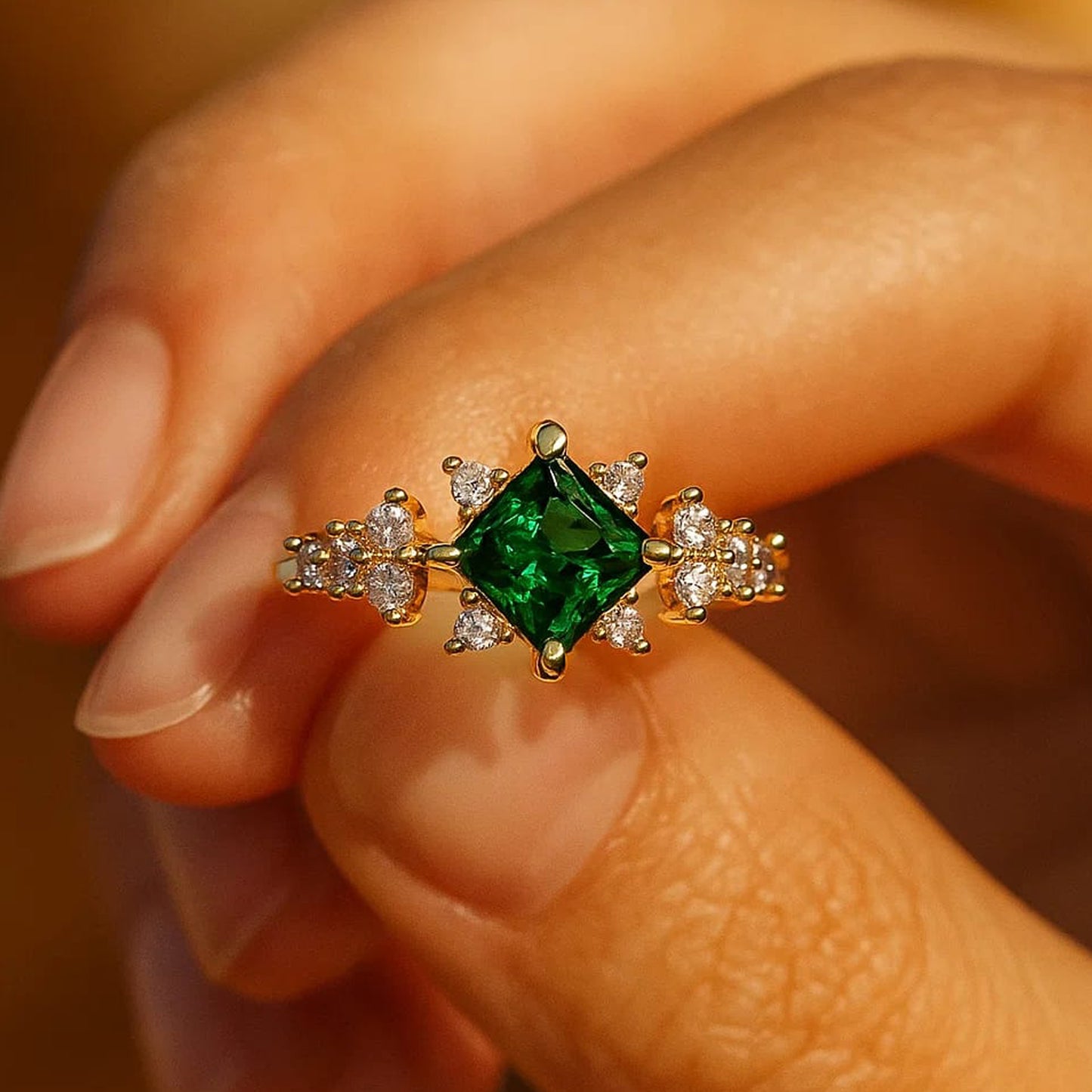 Princess Cut Green Emerald And Diamond Engagement Ring In 18K Yellow Gold With Vintage Inspired Design