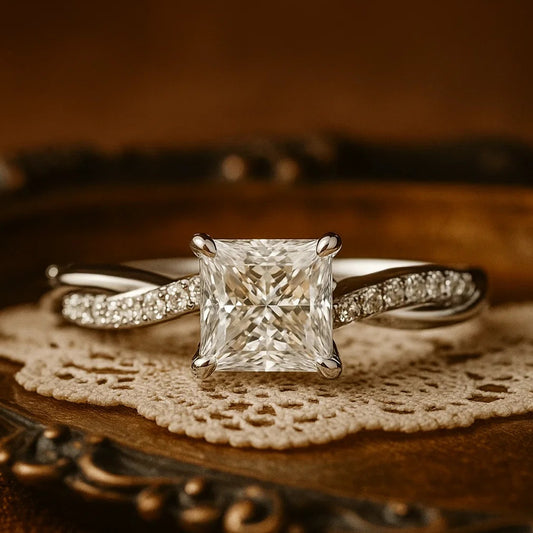 2ct Princess Cut Moissanite Engagement Ring With Pave Twist Band Diamond Accents In Gold VVS1