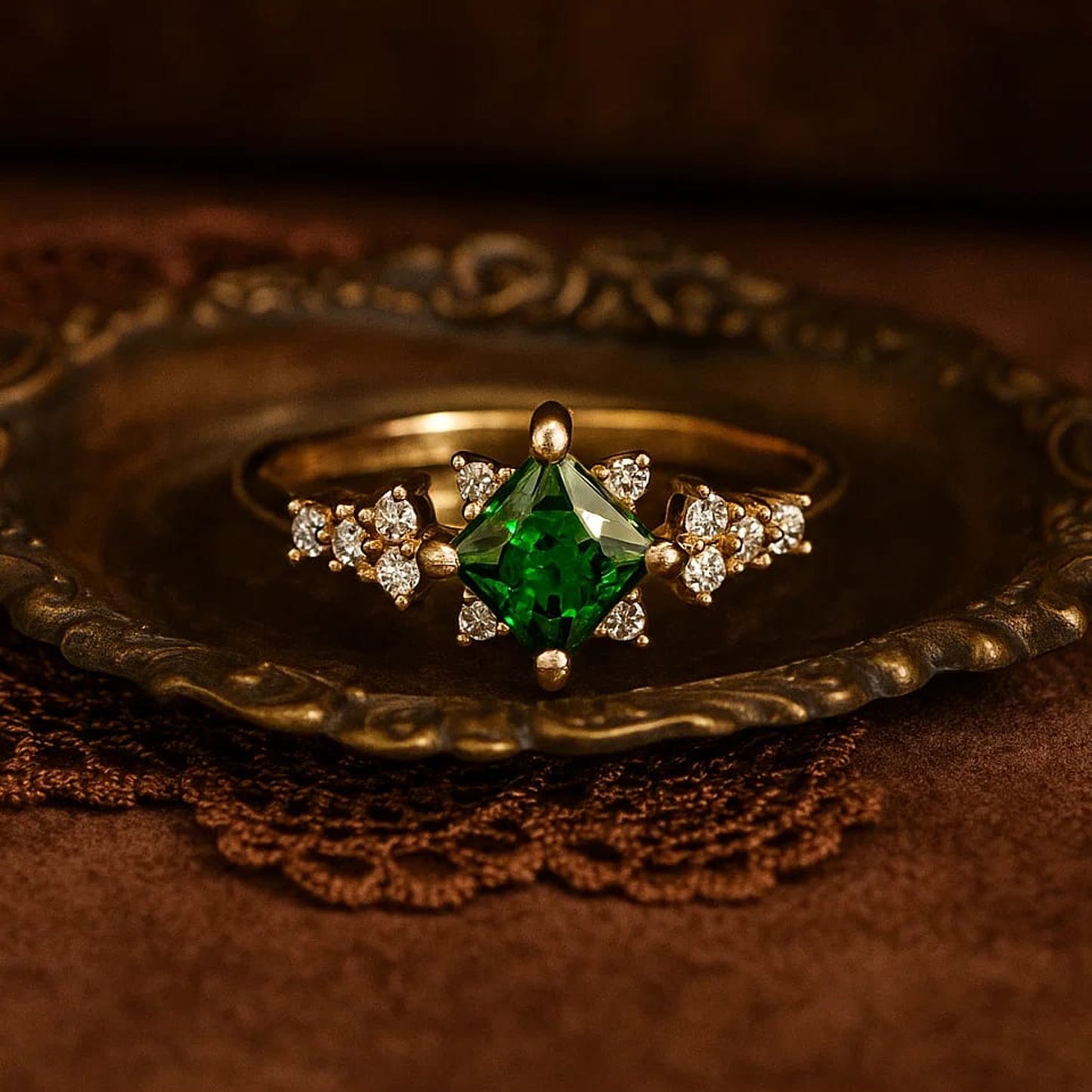Classic Princess Cut Emerald And Diamond Engagement Ring In 18K Yellow Gold For Fine Jewelry Lovers.