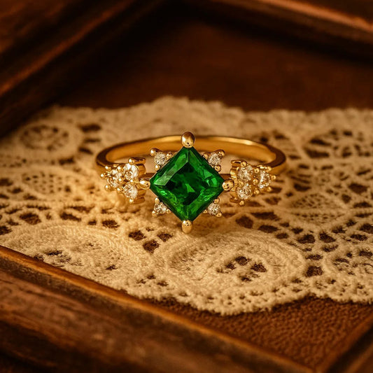 Luxury Princess Cut Emerald And Diamond Ring In 18K Yellow Gold Crafted With Timeless Detailing
