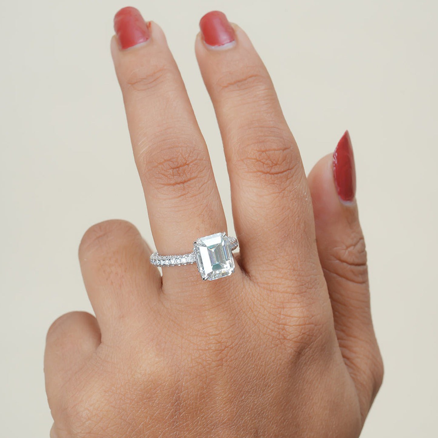 Pavé Band Emerald Ring, Moissanite White Gold Engagement Fine Jewelry With Style
