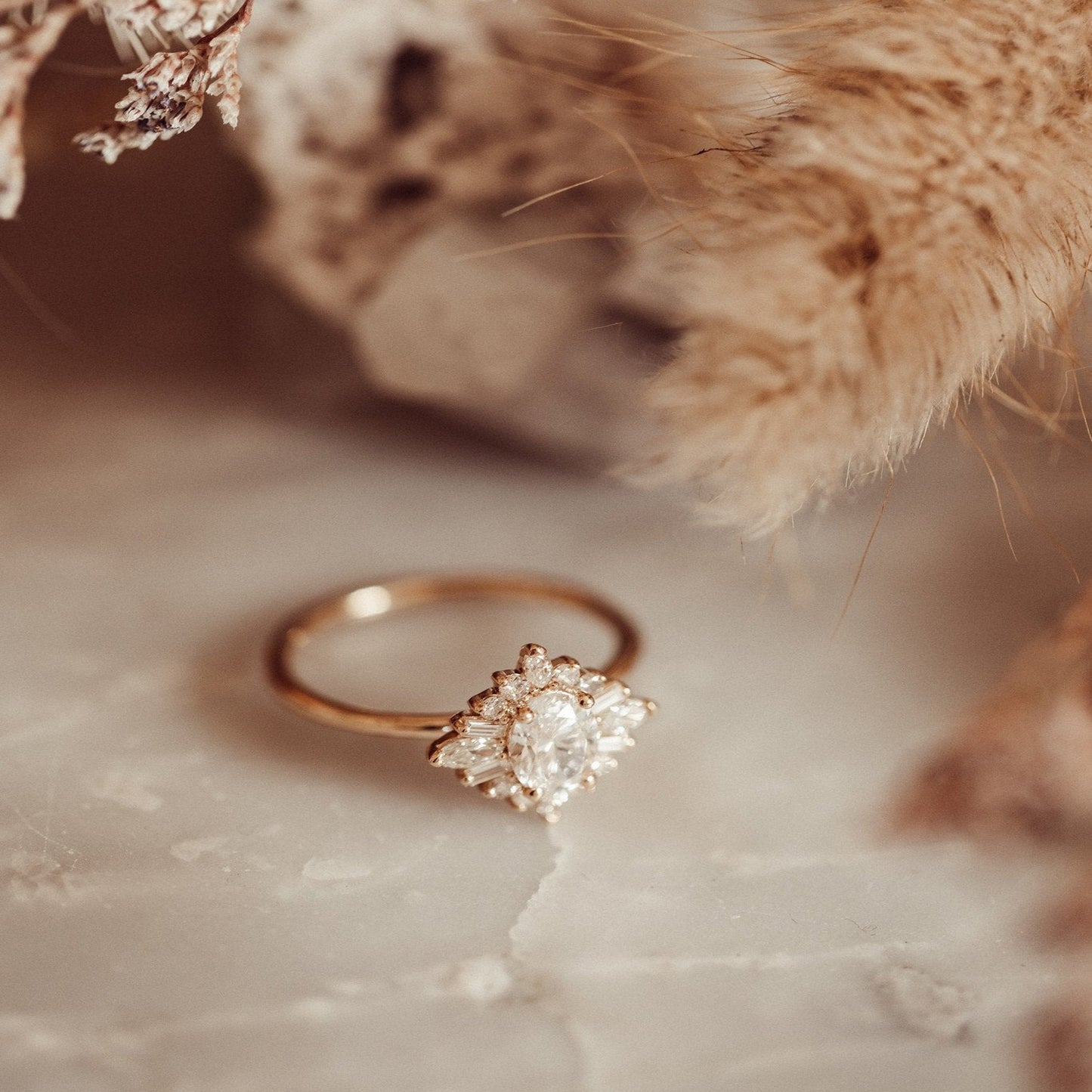 Moissanite Oval Cut Cluster Ring, Marquise & Baguette 14K Gold Engagement Fine Jewelry