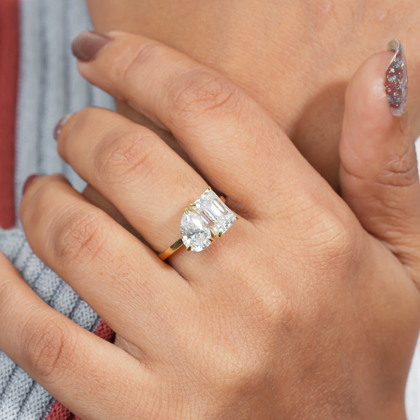 Two-Stone Moissanite Ring, Toi Et Moi Emerald & Pear Yellow Gold Engagement Fine Jewelry
