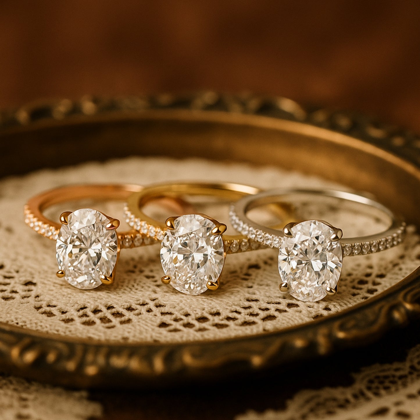 Engagement Ring With Pavé Band, Designed Gold Diamond Ring Oval Cut Stone