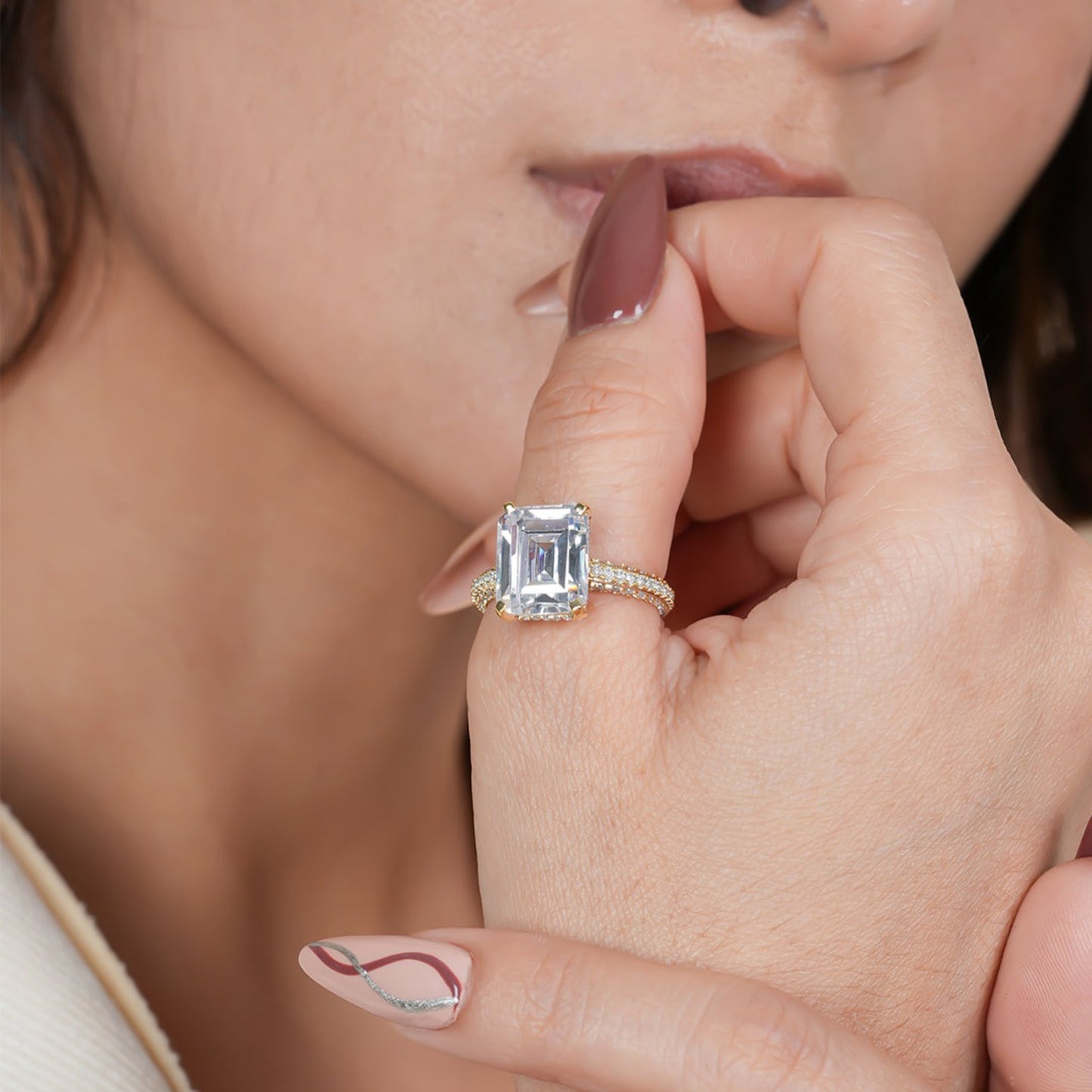 Birthstone Sep Emerald Cut Moissanite Ring Rose Gold Pavé Engagement Setting