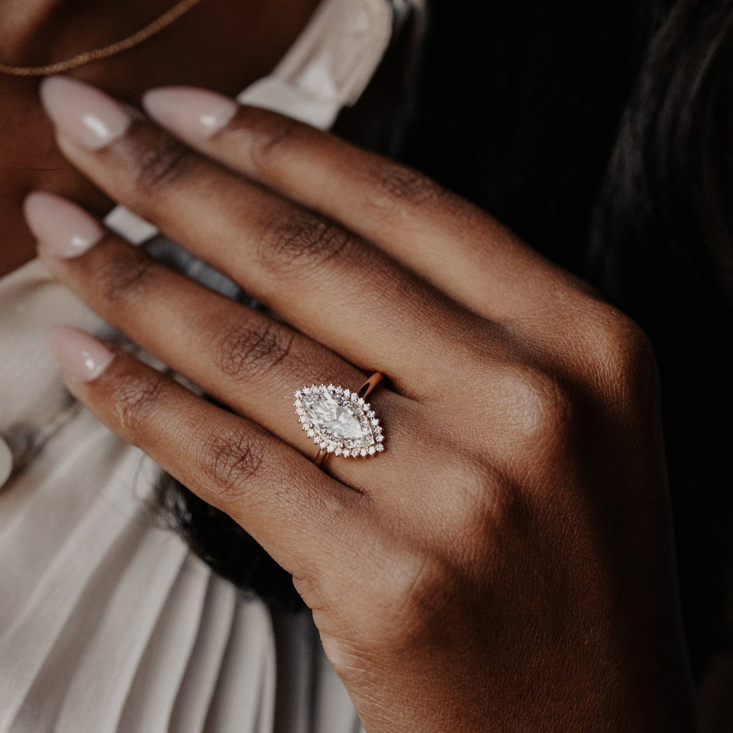 Moissanite Halo Marquise Engagement Ring, Birthstone Fine Jewelry With 14K Gold And Dramatic Look